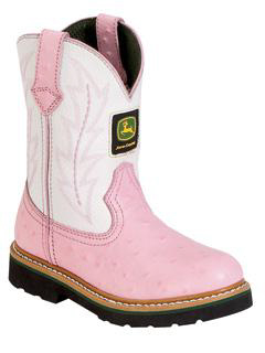 Kids John Deere Boots White and Pink Ostrich print